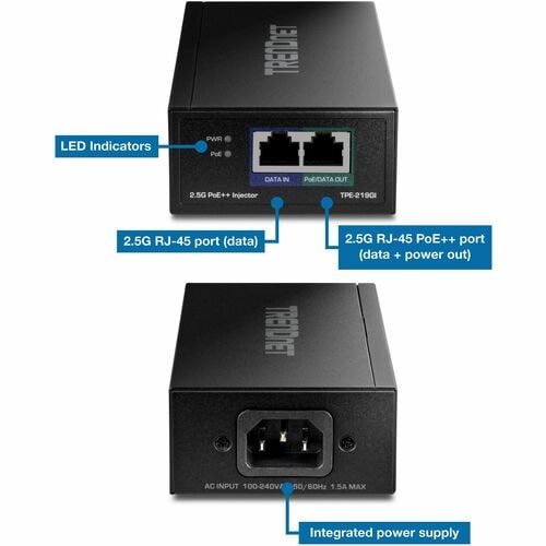 TRENDnet TPE-219GI PoE++ Injector - 1 x RJ-45 Input Port(s) - 1 x RJ-45 Output Port(s) - 90 W