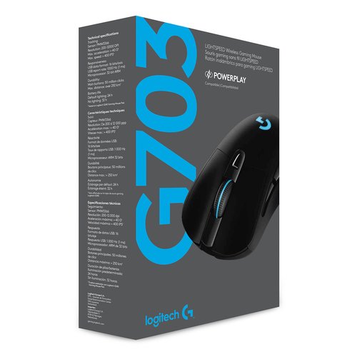 Logitech G703 LIGHTSPEED Wireless Gaming Mouse - PMW3366 - Cable/Wireless - Radio Frequency - Black - USB - 12000 dpi
