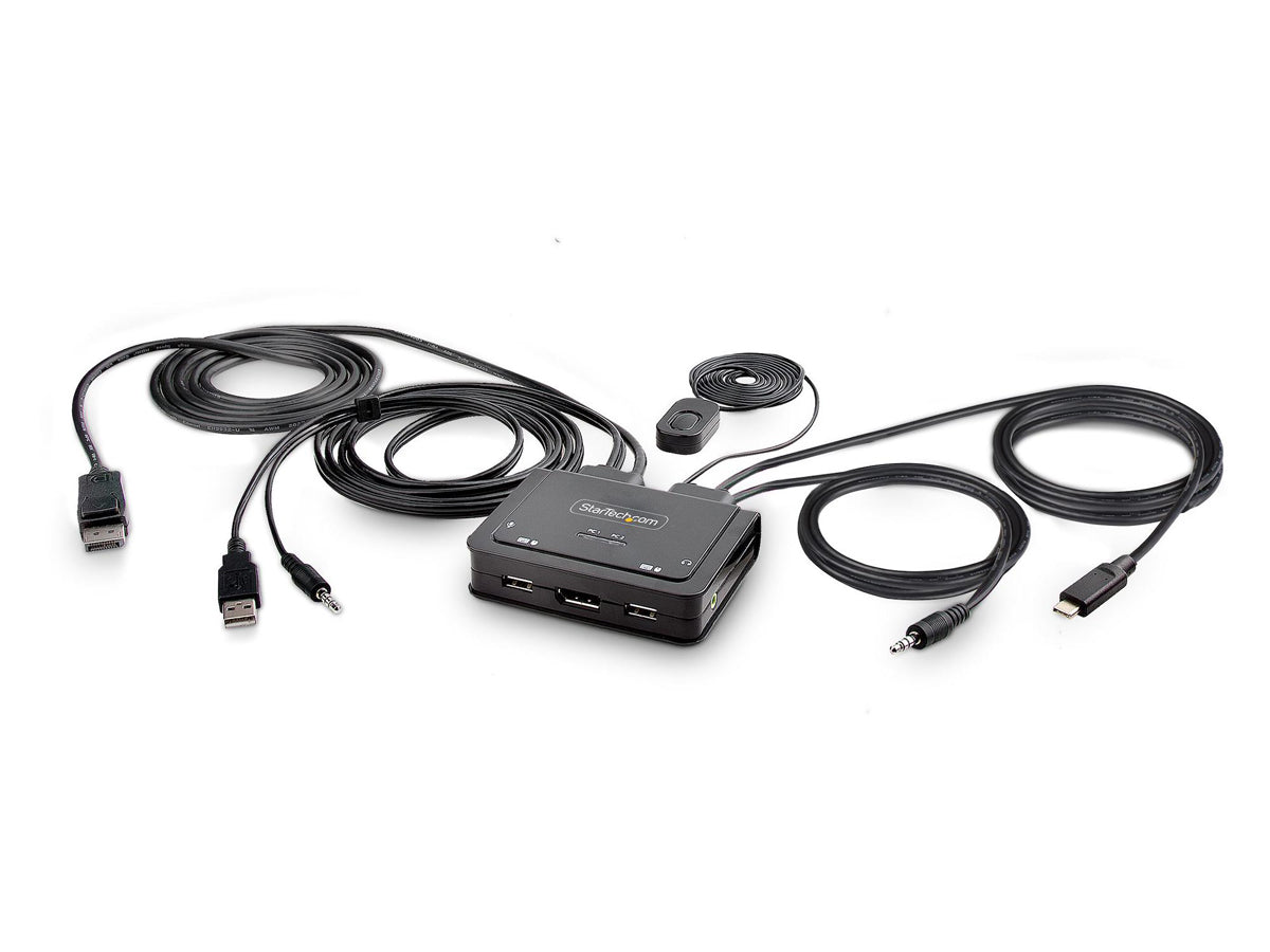 STARTECH 2-PORT HYBRID USB-C DISPLAYPORT CABLE KVM SWITCH, 4K 60HZ, COMPACT KVM WITH 6FT/1.8M USB-A/DP/AUDIO & 4FT/1.2M USB-C INTEGRATED CABLES, BUS POWERED
