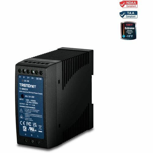 TRENDnet TI-M6024, 60W, 24V DC, 2.5A AC to DC DIN-Rail Power Supply