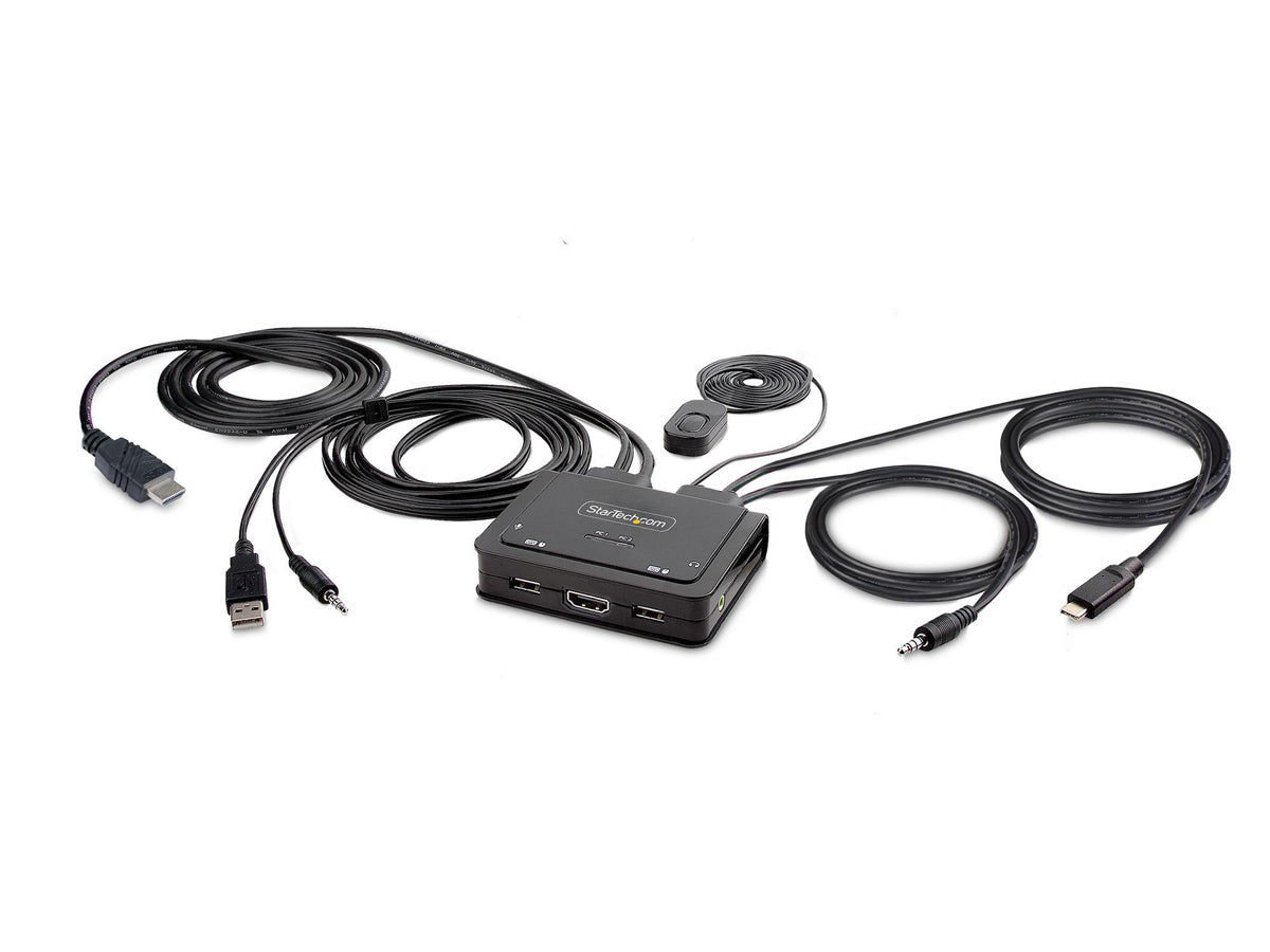STARTECH 2-PORT HYBRID USB-C HDMI CABLE KVM SWITCH, 4K 60HZ, COMPACT KVM WITH 6FT/1.8M USB-A/HDMI/AUDIO & 4FT/1.2M USB-C INTEGRATED CABLES, BUS POWERED