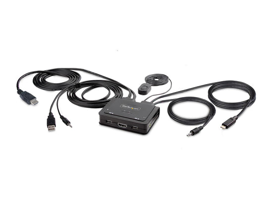 STARTECH 2-PORT HYBRID USB-C HDMI CABLE KVM SWITCH, 4K 60HZ, COMPACT KVM WITH 6FT/1.8M USB-A/HDMI/AUDIO & 4FT/1.2M USB-C INTEGRATED CABLES, BUS POWERED